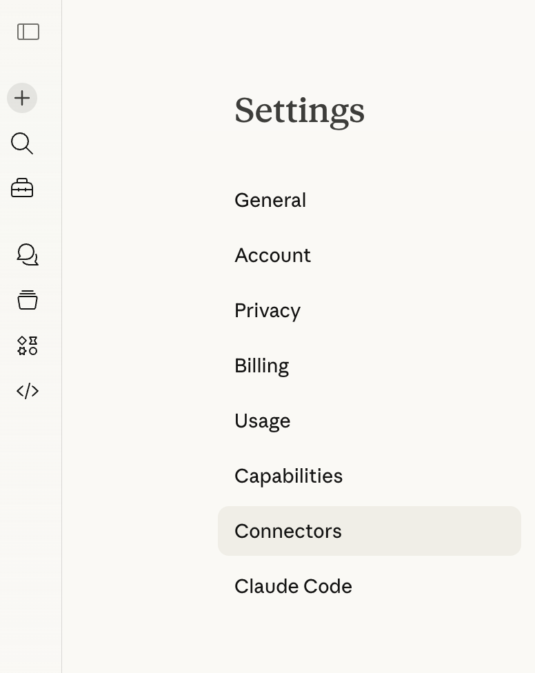 Claude Settings showing Connectors in the sidebar