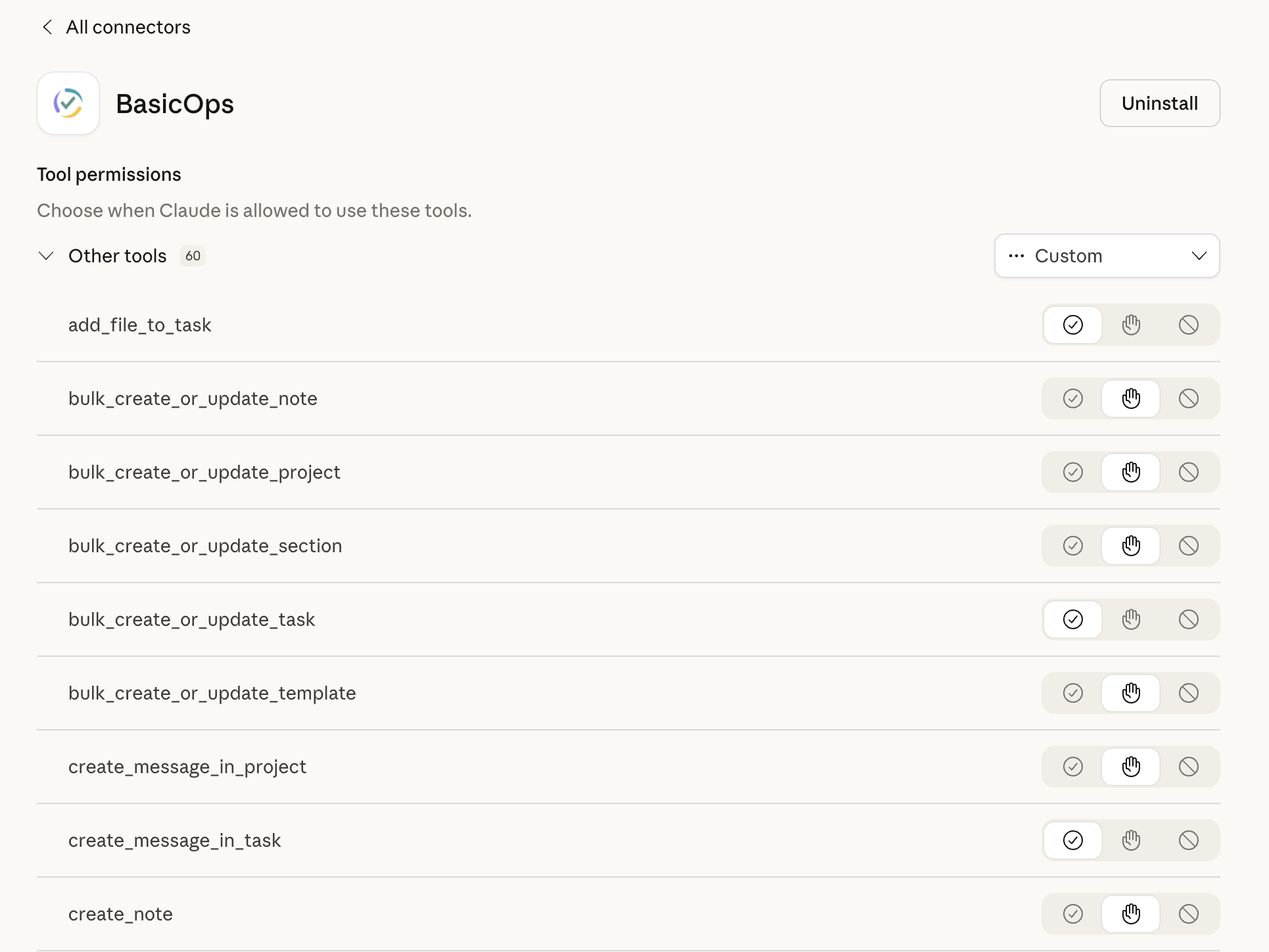 Tool permissions screen showing available BasicOps tools
