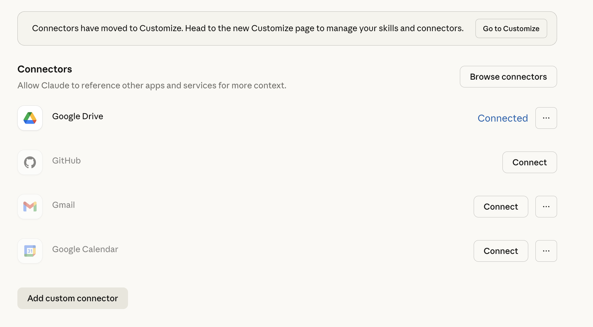 Claude Connectors page with Add custom connector option