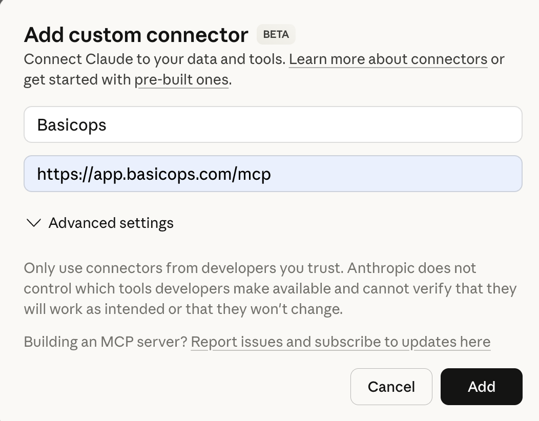 Add custom connector modal with name and server URL fields