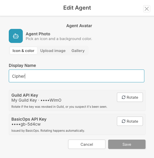 Edit agent, rotate keys
