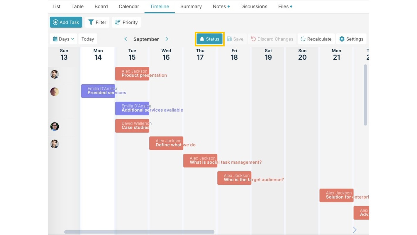 Timeline view with the Status button