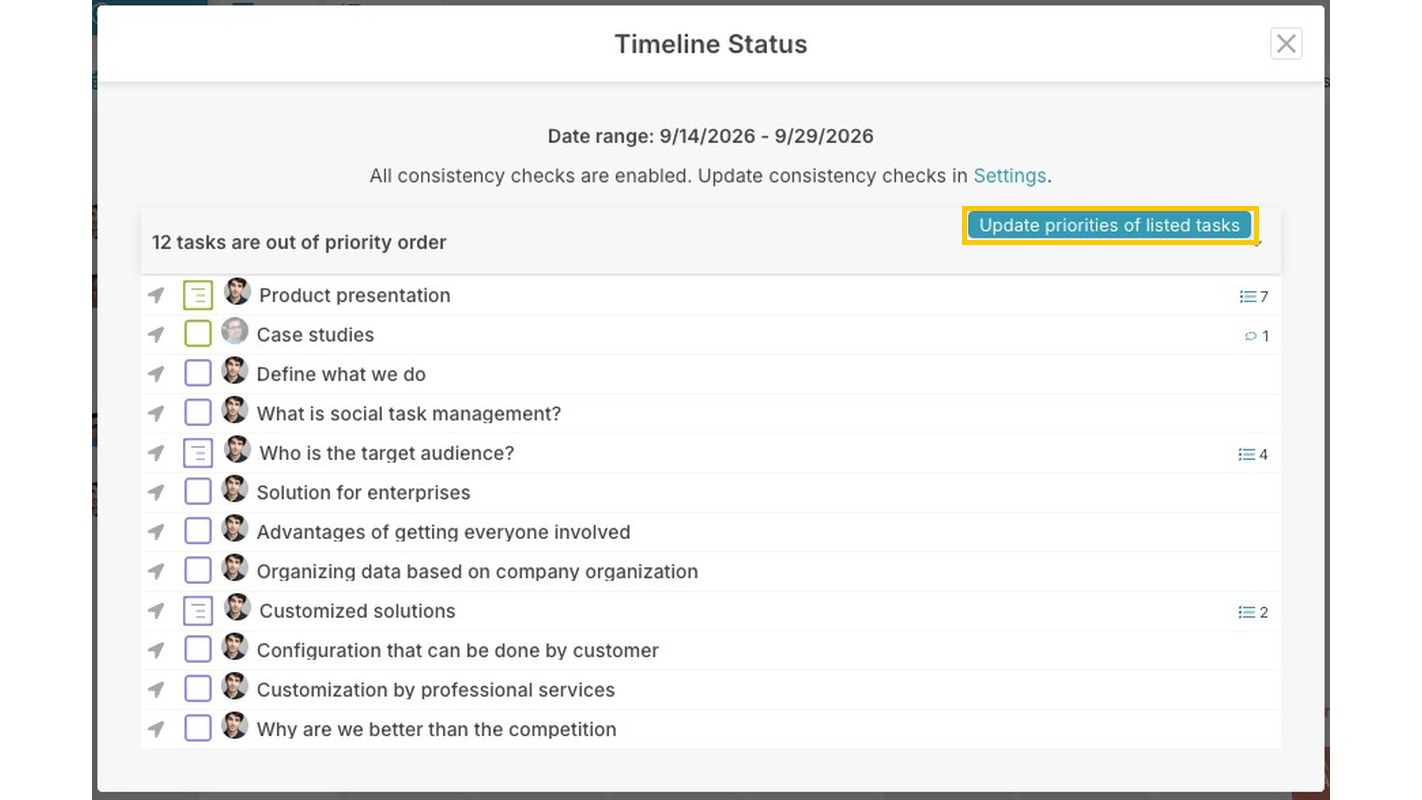 Timeline Status dialog with the Update priorities of listed tasks button